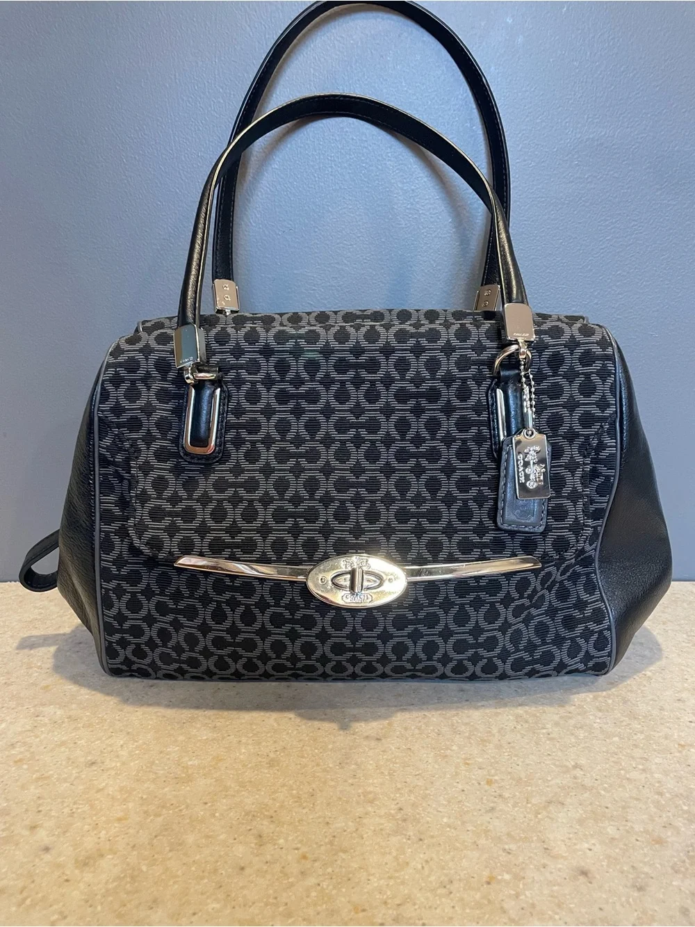 COACH Madison Madeline Purse Bag Logo Op Art Leather Canvas East West Turnlock